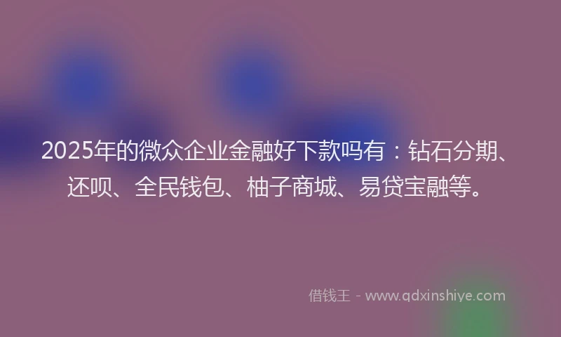 2025年的微众企业金融好下款吗有：钻石分期、还呗、全民钱包、柚子商城、易贷宝融等。