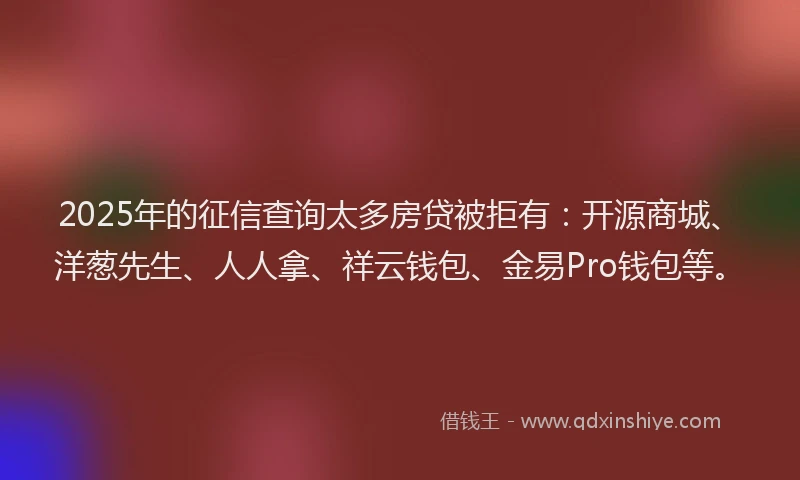 2025年的征信查询太多房贷被拒有：开源商城、洋葱先生、人人拿、祥云钱包、金易Pro钱包等。