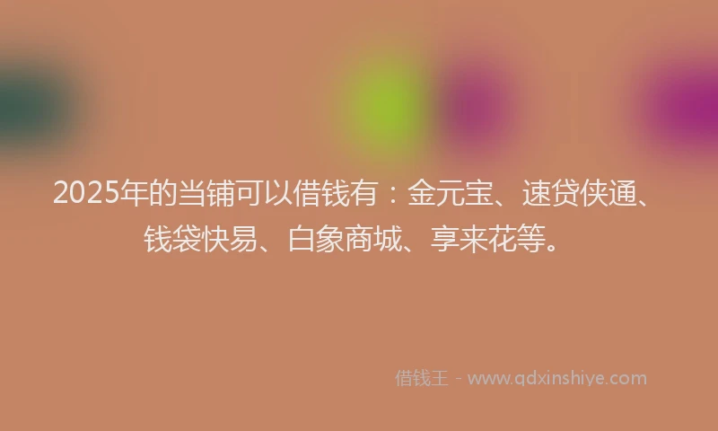 2025年的当铺可以借钱有：金元宝、速贷侠通、钱袋快易、白象商城、享来花等。