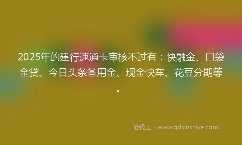 2025年的建行速通卡审核不过有：快融金、口袋金贷、今日头条备用金、现金快车、花豆分期等。