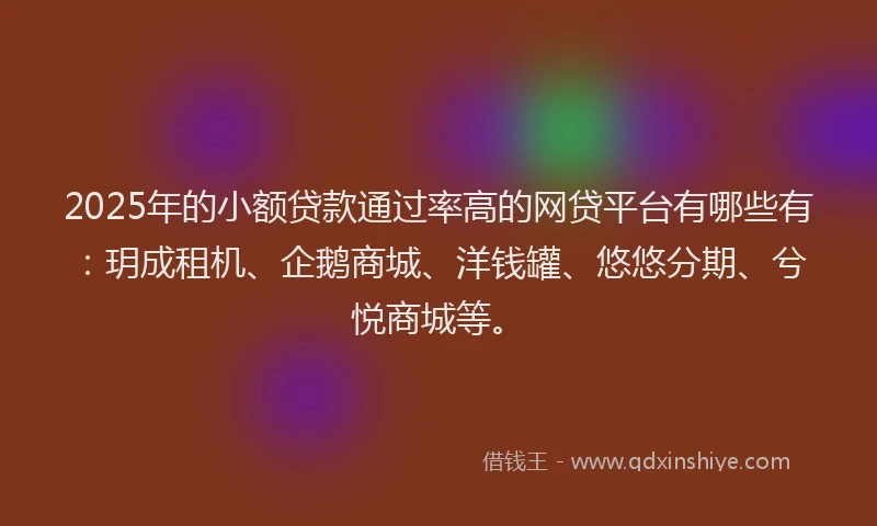 2025年的小额贷款通过率高的网贷平台有哪些有：玥成租机、企鹅商城、洋钱罐、悠悠分期、兮悦商城等。