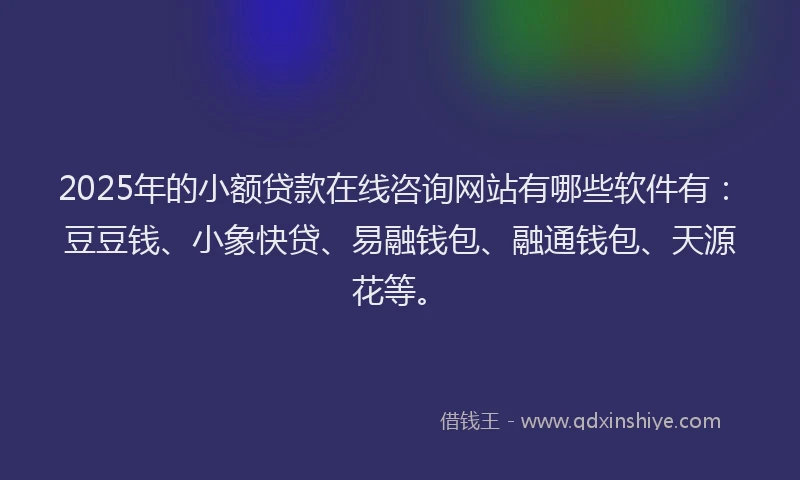 2025年的小额贷款在线咨询网站有哪些软件有：豆豆钱、小象快贷、易融钱包、融通钱包、天源花等。