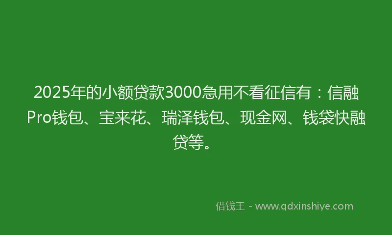 2025年的小额贷款3000急用不看征信有：信融Pro钱包、宝来花、瑞泽钱包、现金网、钱袋快融贷等。