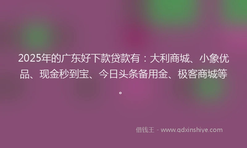 2025年的广东好下款贷款有：大利商城、小象优品、现金秒到宝、今日头条备用金、极客商城等。