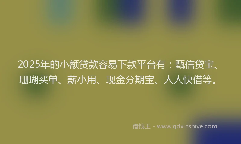 2025年的小额贷款容易下款平台有：甄信贷宝、珊瑚买单、薪小用、现金分期宝、人人快借等。