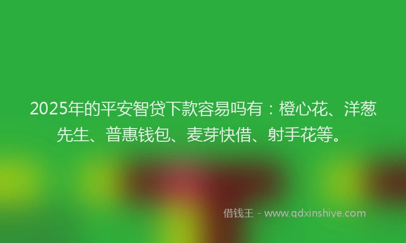2025年的平安智贷下款容易吗有：橙心花、洋葱先生、普惠钱包、麦芽快借、射手花等。