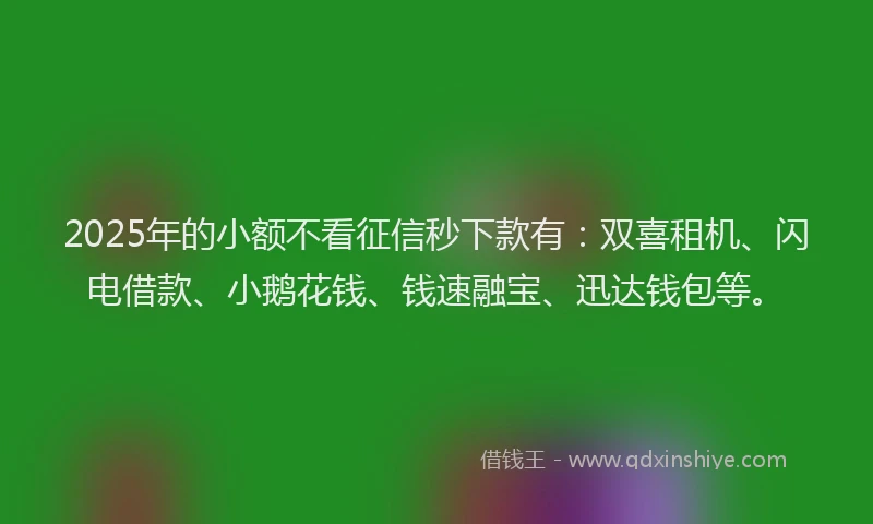 2025年的小额不看征信秒下款有：双喜租机、闪电借款、小鹅花钱、钱速融宝、迅达钱包等。