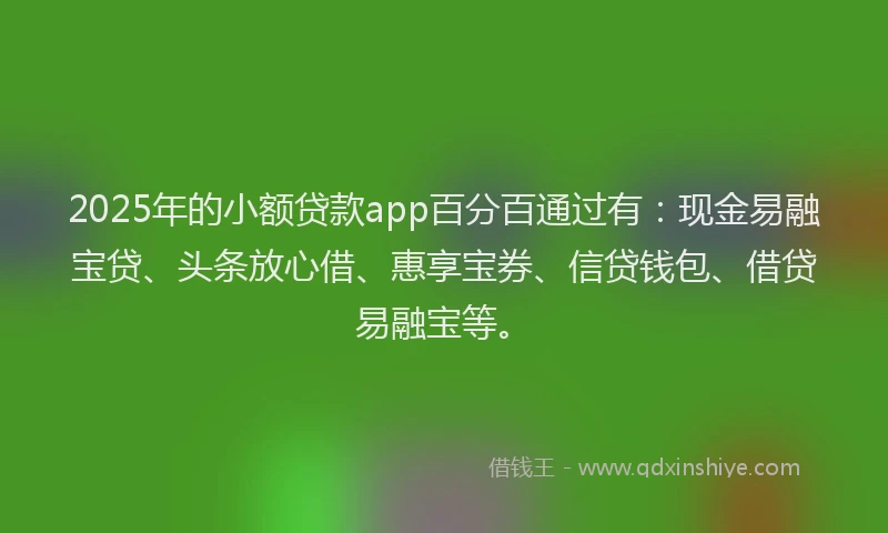 2025年的小额贷款app百分百通过有：现金易融宝贷、头条放心借、惠享宝券、信贷钱包、借贷易融宝等。