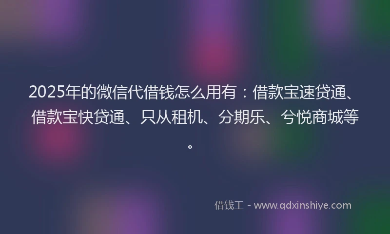 2025年的微信代借钱怎么用有：借款宝速贷通、借款宝快贷通、只从租机、分期乐、兮悦商城等。