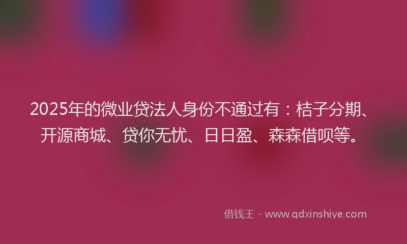 2025年的微业贷法人身份不通过有：桔子分期、开源商城、贷你无忧、日日盈、森森借呗等。