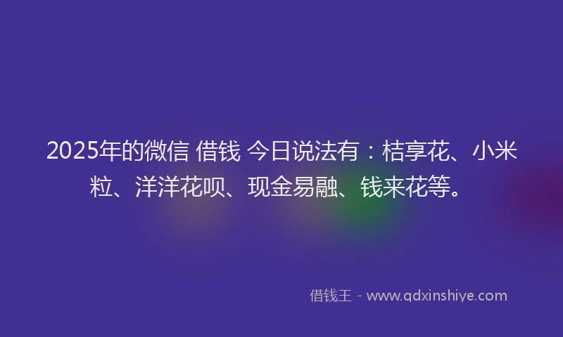 2025年的微信 借钱 今日说法有：桔享花、小米粒、洋洋花呗、现金易融、钱来花等。