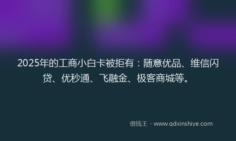 2025年的工商小白卡被拒有：随意优品、维信闪贷、优秒通、飞融金、极客商城等。