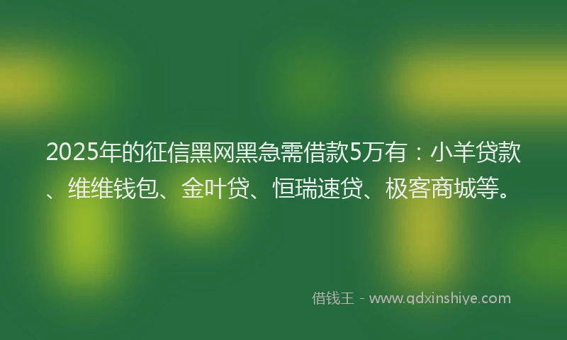 2025年的征信黑网黑急需借款5万有：小羊贷款、维维钱包、金叶贷、恒瑞速贷、极客商城等。