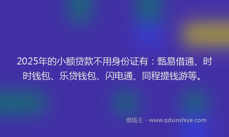 2025年的小额贷款不用身份证有：甄易借通、时时钱包、乐贷钱包、闪电通、同程提钱游等。