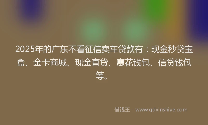 2025年的广东不看征信卖车贷款有：现金秒贷宝盒、金卡商城、现金直贷、惠花钱包、信贷钱包等。