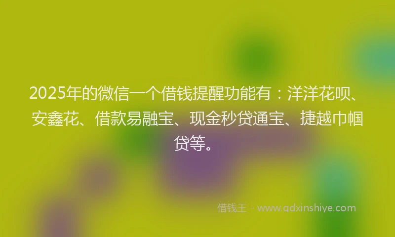 2025年的微信一个借钱提醒功能有：洋洋花呗、安鑫花、借款易融宝、现金秒贷通宝、捷越巾帼贷等。