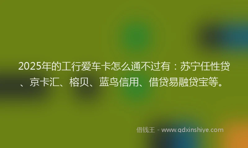 2025年的工行爱车卡怎么通不过有：苏宁任性贷、京卡汇、榕贝、蓝鸟信用、借贷易融贷宝等。