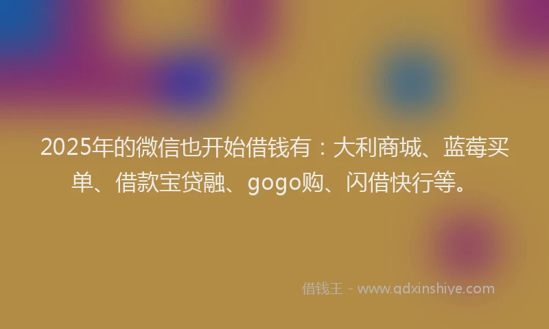 2025年的微信也开始借钱有：大利商城、蓝莓买单、借款宝贷融、gogo购、闪借快行等。