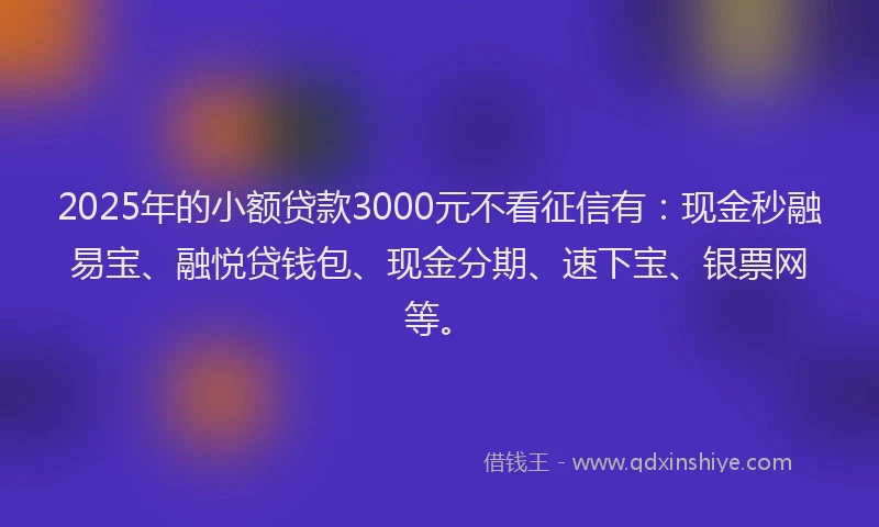 2025年的小额贷款3000元不看征信有：现金秒融易宝、融悦贷钱包、现金分期、速下宝、银票网等。