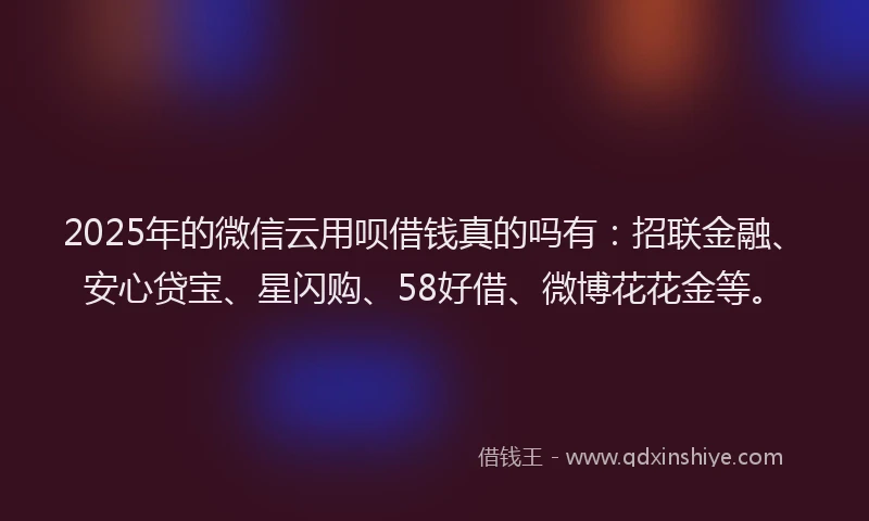 2025年的微信云用呗借钱真的吗有：招联金融、安心贷宝、星闪购、58好借、微博花花金等。
