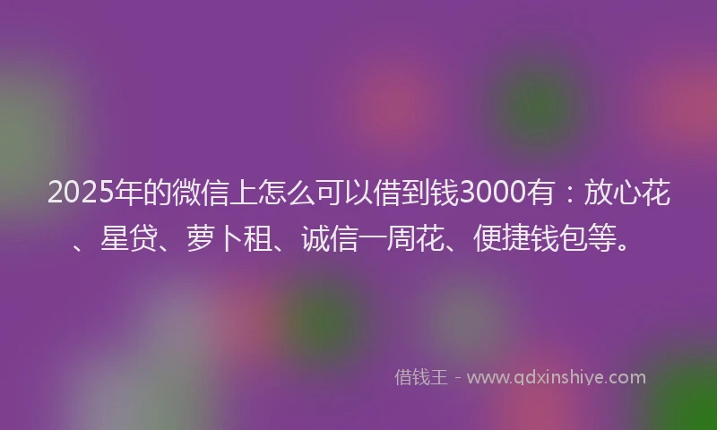 2025年的微信上怎么可以借到钱3000有：放心花、星贷、萝卜租、诚信一周花、便捷钱包等。