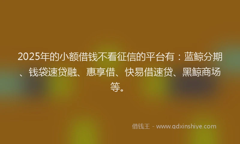2025年的小额借钱不看征信的平台有：蓝鲸分期、钱袋速贷融、惠享借、快易借速贷、黑鲸商场等。