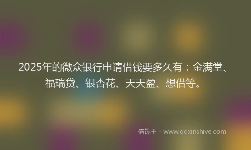 2025年的微众银行申请借钱要多久有：金满堂、福瑞贷、银杏花、天天盈、想借等。