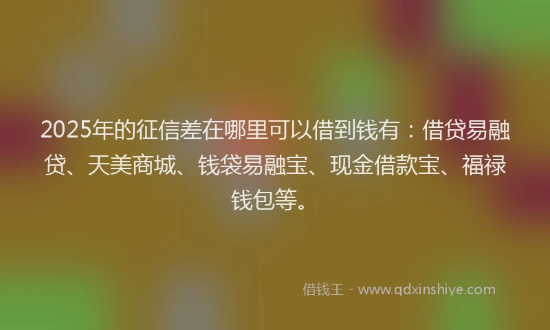 2025年的征信差在哪里可以借到钱有：借贷易融贷、天美商城、钱袋易融宝、现金借款宝、福禄钱包等。
