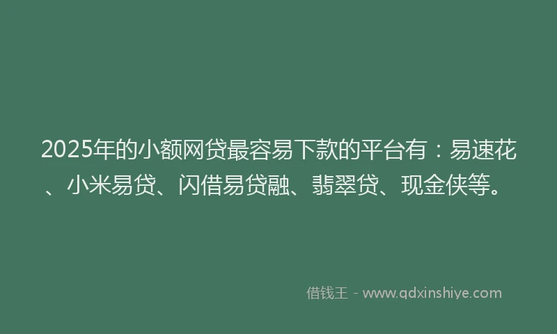 2025年的小额网贷最容易下款的平台有：易速花、小米易贷、闪借易贷融、翡翠贷、现金侠等。