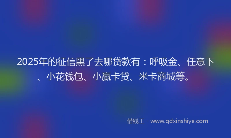 2025年的征信黑了去哪贷款有：呼吸金、任意下、小花钱包、小赢卡贷、米卡商城等。