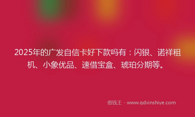 2025年的广发自信卡好下款吗有：闪银、诺祥租机、小象优品、速借宝盒、琥珀分期等。