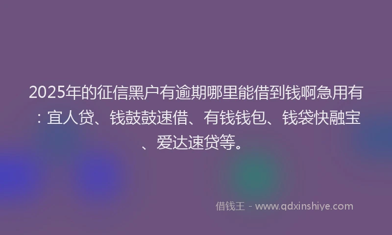 2025年的征信黑户有逾期哪里能借到钱啊急用有：宜人贷、钱鼓鼓速借、有钱钱包、钱袋快融宝、爱达速贷等。