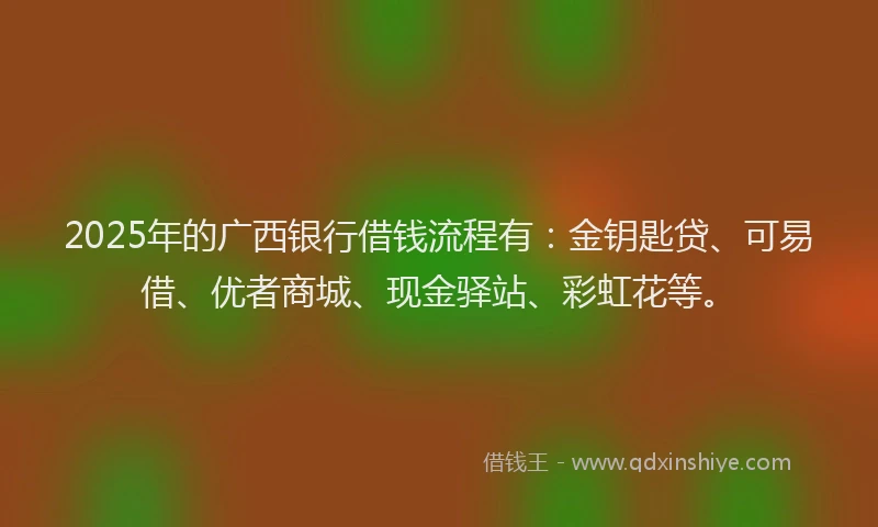 2025年的广西银行借钱流程有：金钥匙贷、可易借、优者商城、现金驿站、彩虹花等。