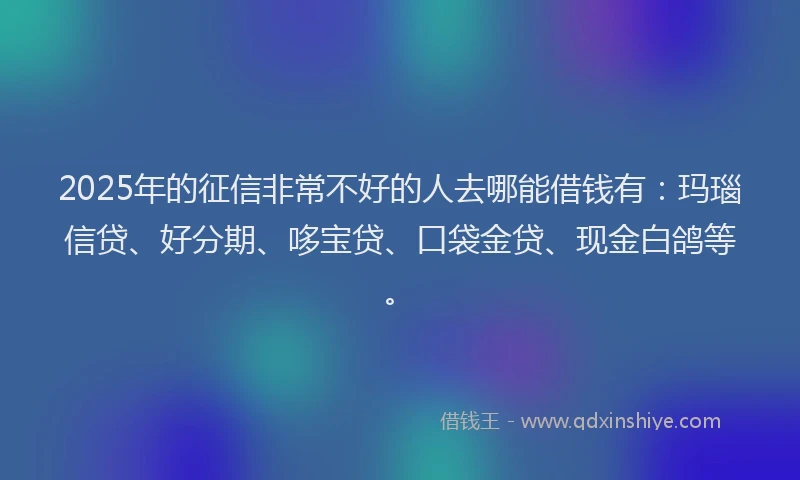 2025年的征信非常不好的人去哪能借钱有：玛瑙信贷、好分期、哆宝贷、口袋金贷、现金白鸽等。