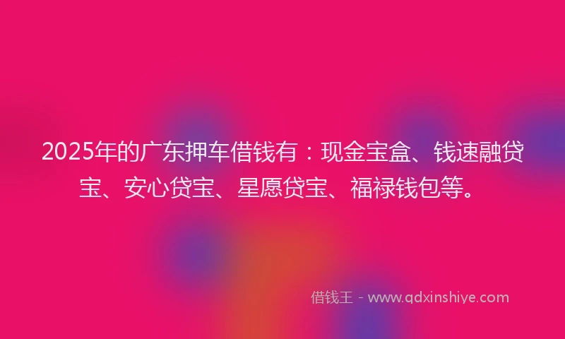 2025年的广东押车借钱有：现金宝盒、钱速融贷宝、安心贷宝、星愿贷宝、福禄钱包等。
