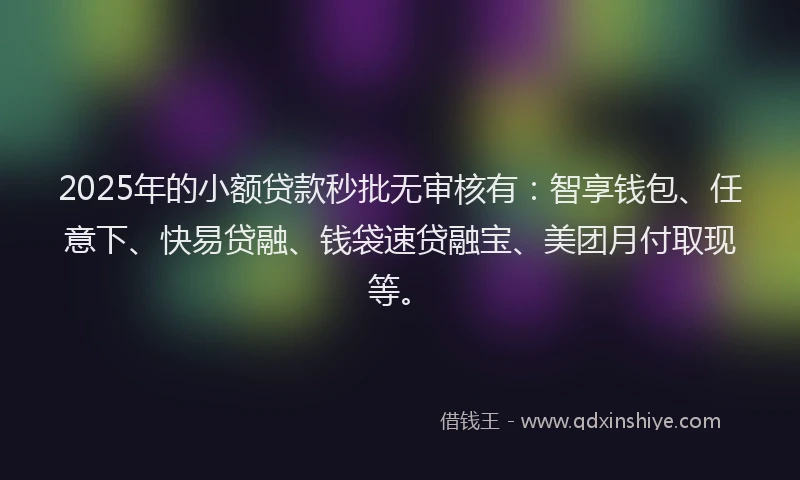 2025年的小额贷款秒批无审核有：智享钱包、任意下、快易贷融、钱袋速贷融宝、美团月付取现等。