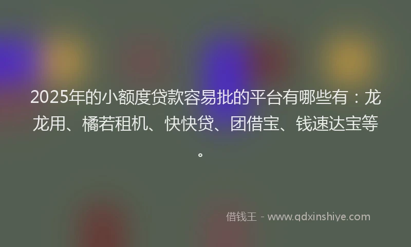 2025年的小额度贷款容易批的平台有哪些有：龙龙用、橘若租机、快快贷、团借宝、钱速达宝等。