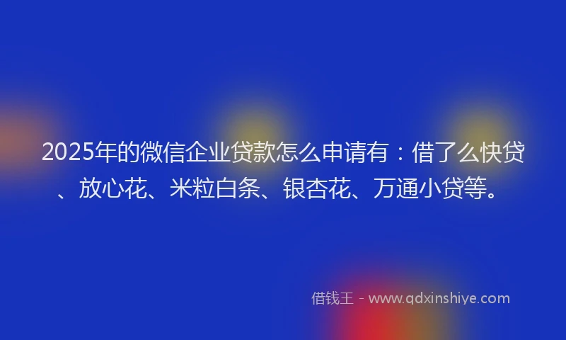 2025年的微信企业贷款怎么申请有：借了么快贷、放心花、米粒白条、银杏花、万通小贷等。