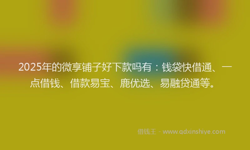 2025年的微享铺子好下款吗有：钱袋快借通、一点借钱、借款易宝、鹿优选、易融贷通等。