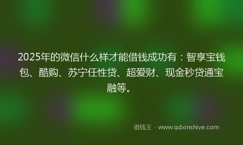 2025年的微信什么样才能借钱成功有：智享宝钱包、酷购、苏宁任性贷、超爱财、现金秒贷通宝融等。