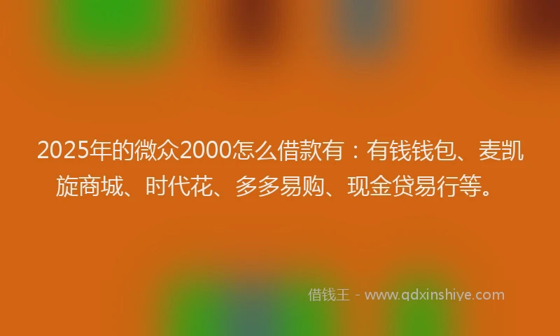 2025年的微众2000怎么借款有：有钱钱包、麦凯旋商城、时代花、多多易购、现金贷易行等。