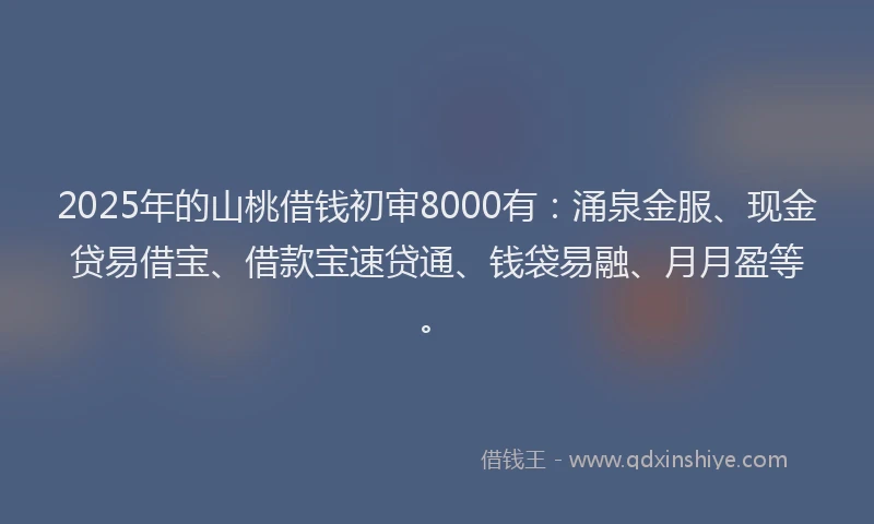 2025年的山桃借钱初审8000有：涌泉金服、现金贷易借宝、借款宝速贷通、钱袋易融、月月盈等。
