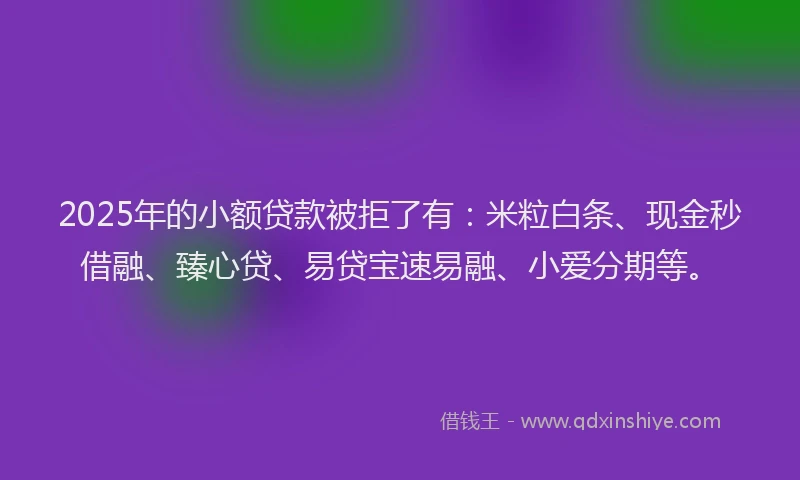 2025年的小额贷款被拒了有：米粒白条、现金秒借融、臻心贷、易贷宝速易融、小爱分期等。