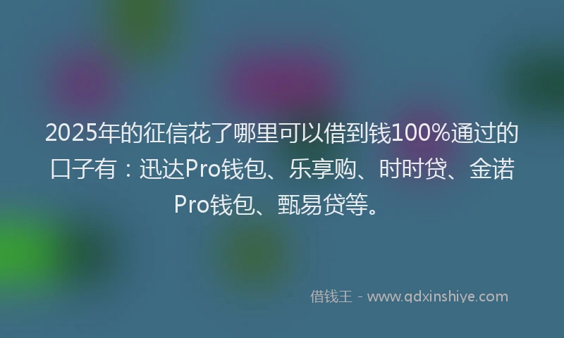 2025年的征信花了哪里可以借到钱100%通过的口子有：迅达Pro钱包、乐享购、时时贷、金诺Pro钱包、甄易贷等。