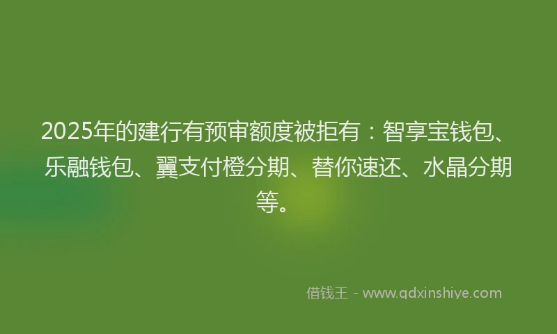 2025年的建行有预审额度被拒有：智享宝钱包、乐融钱包、翼支付橙分期、替你速还、水晶分期等。