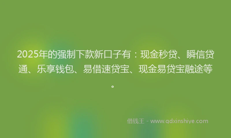 2025年的强制下款新口子有：现金秒贷、瞬信贷通、乐享钱包、易借速贷宝、现金易贷宝融途等。