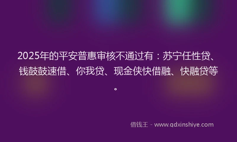 2025年的平安普惠审核不通过有：苏宁任性贷、钱鼓鼓速借、你我贷、现金侠快借融、快融贷等。
