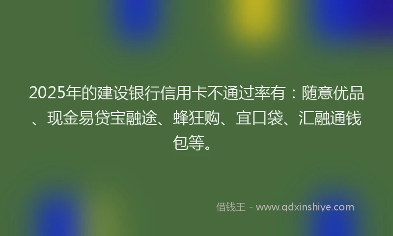2025年的建设银行信用卡不通过率有：随意优品、现金易贷宝融途、蜂狂购、宜口袋、汇融通钱包等。