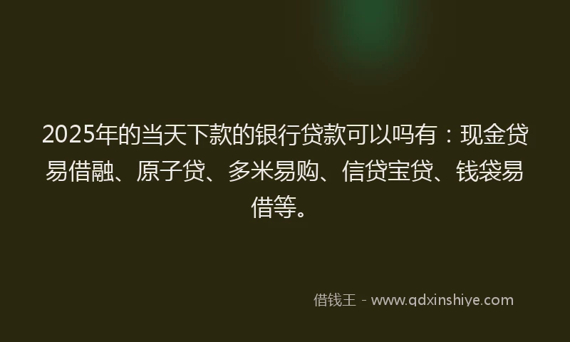 2025年的当天下款的银行贷款可以吗有：现金贷易借融、原子贷、多米易购、信贷宝贷、钱袋易借等。