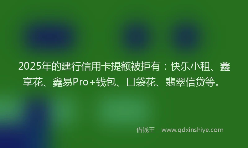 2025年的建行信用卡提额被拒有：快乐小租、鑫享花、鑫易Pro+钱包、口袋花、翡翠信贷等。